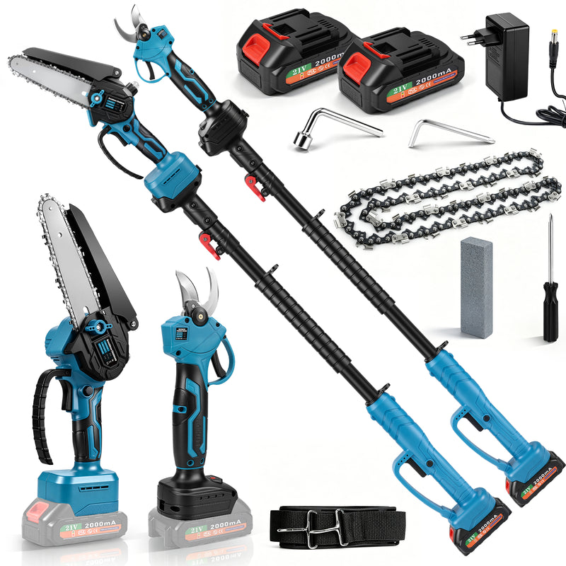 XIIW 4-in-1 Akku Hochentaster & Gartenschere Set 600W bürstenlos – Mini Kettensäge mit Teleskopstange, 2 Akkus, Baumschnitt Werkzeug Set