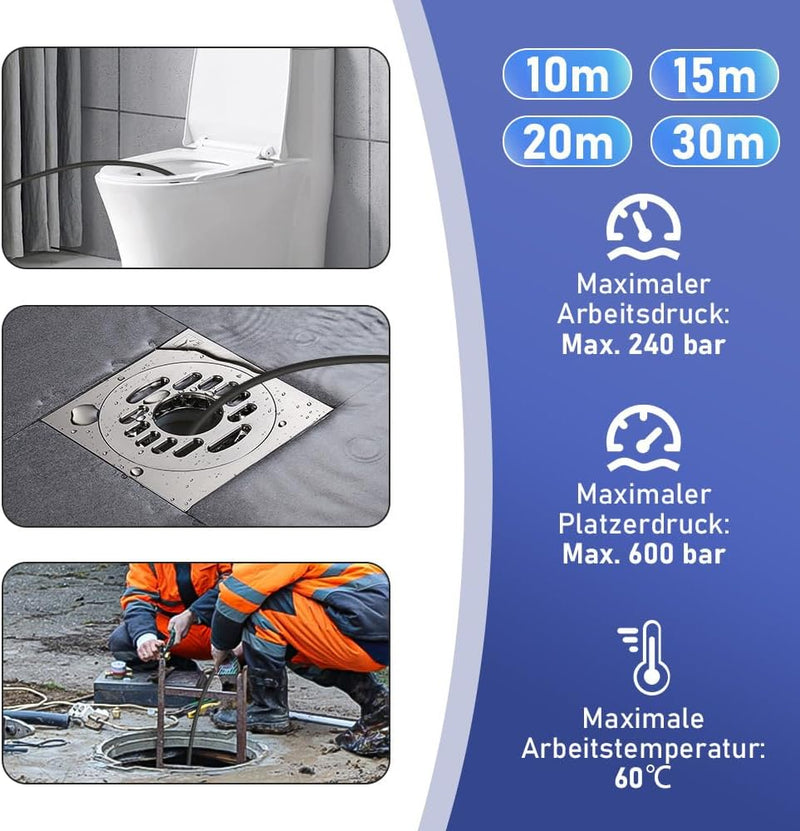 10 - 30M Rohrreinigungsschlauch Max. 240Bar für Kärcher K2 - K7, LAVOR, Bosch Hochdruckreiniger