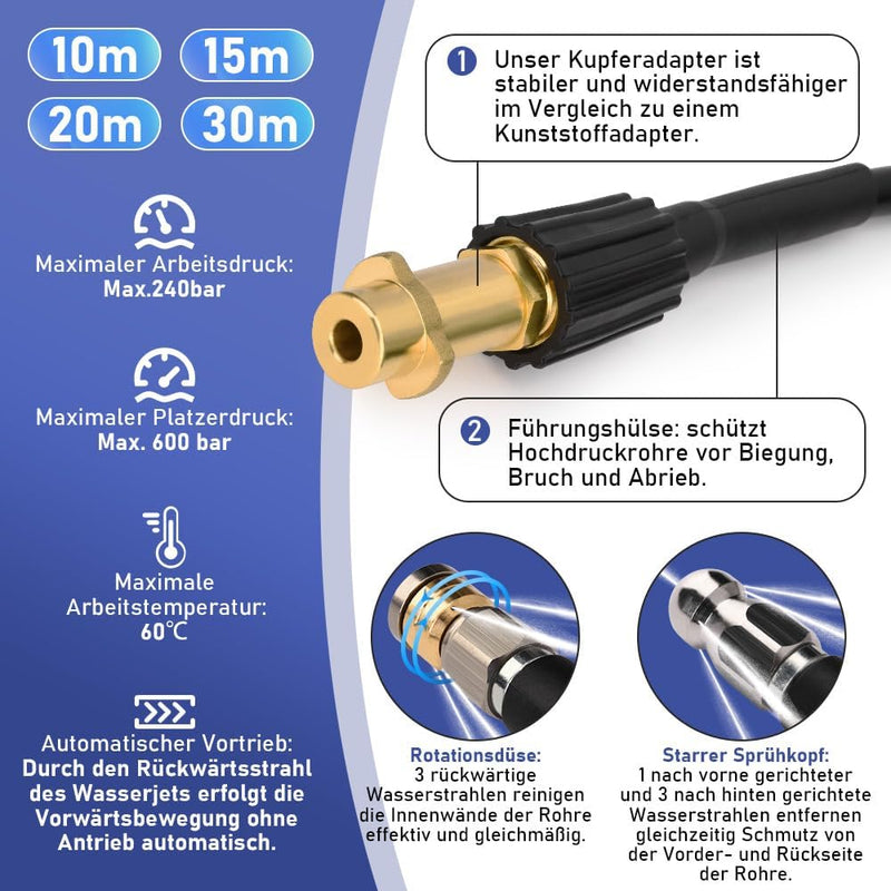 10 - 30M Rohrreinigungsschlauch Max. 240Bar für Kärcher K2 - K7, LAVOR, Bosch Hochdruckreiniger