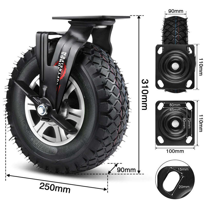 10" Universal heavy-duty caster 250 mm – 360° swivel, pneumatic tire, 170 kg load capacity, for workshop & transport cart