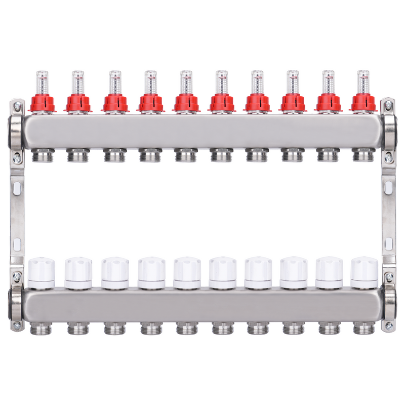 2-circuit underfloor heating manifold | Stainless steel, flow meters & air vent