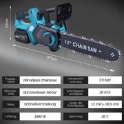 12-inch cordless chainsaw – brushless motor, automatic lubrication & chain tensioning, dual 4 Ah battery