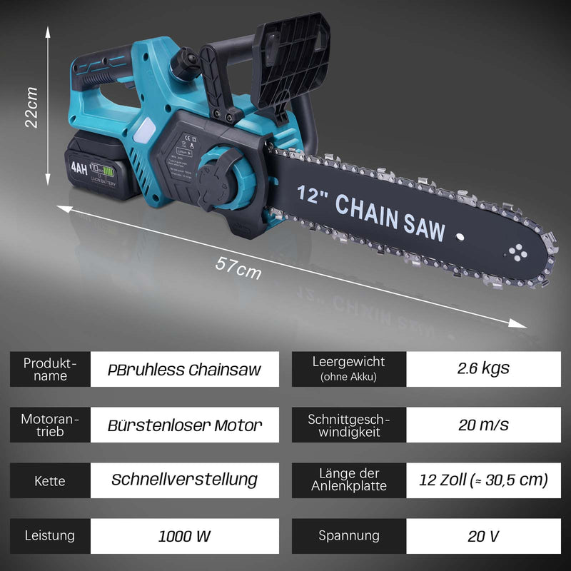12-inch cordless chainsaw – brushless motor, automatic lubrication & chain tensioning, dual 4 Ah battery