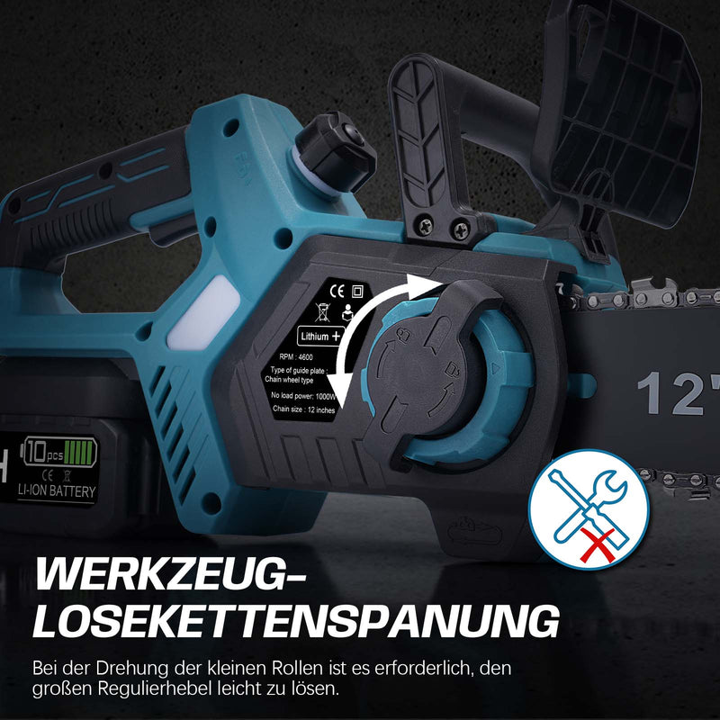 12-inch cordless chainsaw – brushless motor, automatic lubrication & chain tensioning, dual 4 Ah batteries