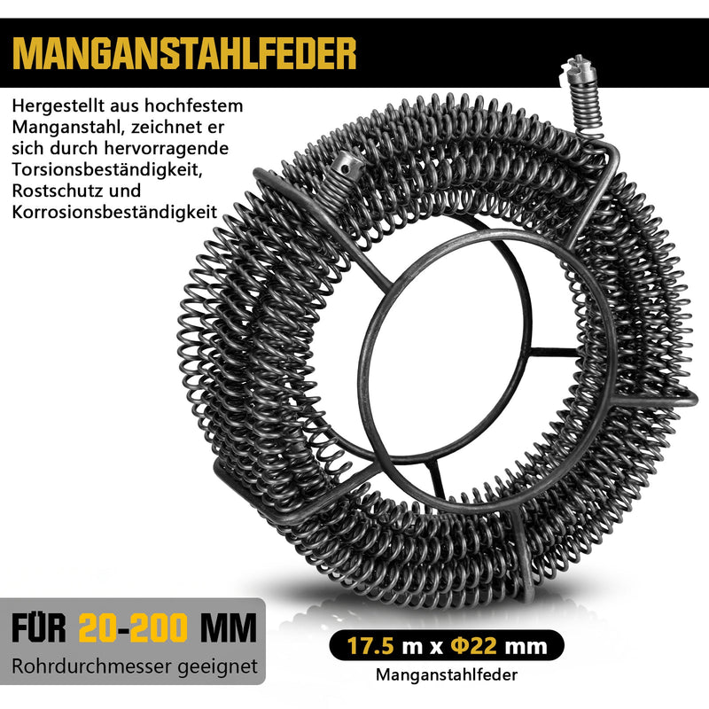1250W Rohrreinigungsmaschine Elektrisch mit Spiralen Ø10/16/22 mm, Schnellwechsel Schneidkopf, Abflussreiniger für Rohre 20–200 mm
