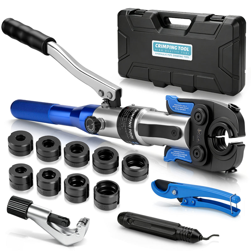 XIIW Hydraulische Presszange 80 kN, V- & TH-Kontur 12–32 mm, 14-teiliges Rohrpresszangen-Set mit Rohrschneidern und Entgrater