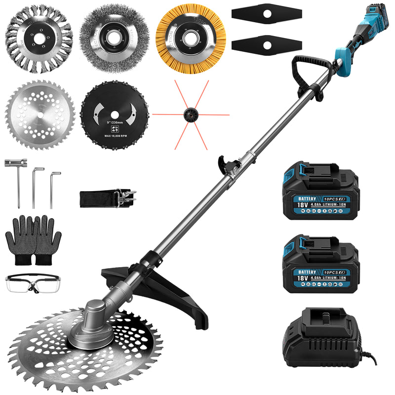 XIIW Akku Freischneider 1380 W, 18800 U/min, 2 × 4,0 Ah Akkus, 3 Unkrautbürsten, Metallmesser und Kreissägeblatt