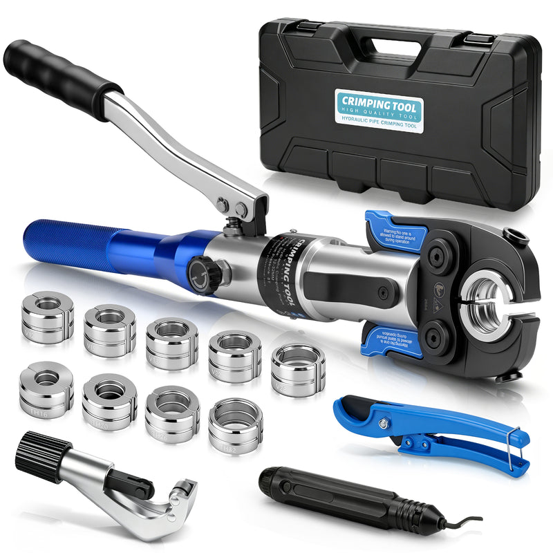 XIIW Hydraulische Rohrpresszange 80 kN, V- & TH-Kontur 12–32 mm, Presszangen-Set mit Rohrschneidern und Entgrater