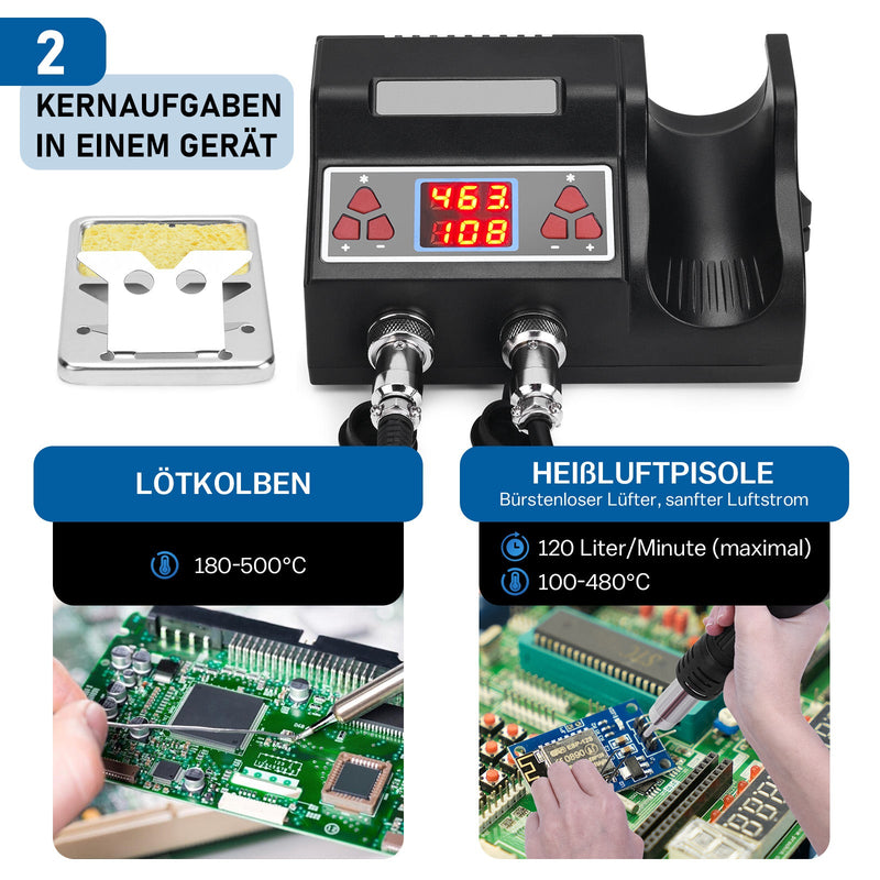 2-in-1 juotosasema kuumailmalla ja 80 W juotoskolvilla | 780W | PID-lämpötilansäätö | täydellinen setti SMD/BGA:lle