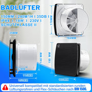 240 m³/h exhaust fan 150 mm with humidistat, IPX4, overrun timer & backdraft damper – quiet bathroom and kitchen fan