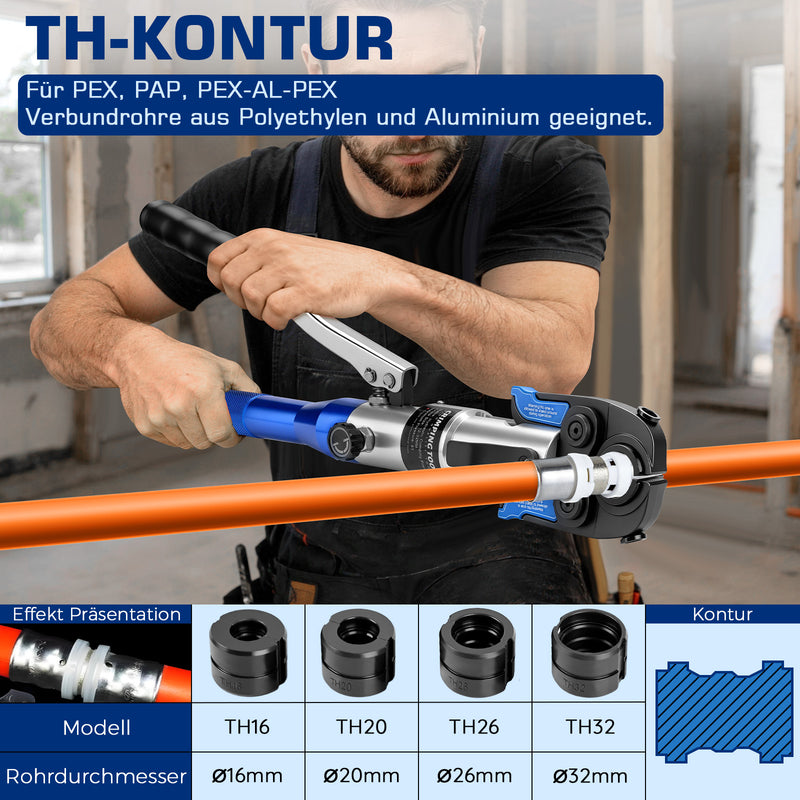 XIIW Hydraulische Presszange 80 kN, V- & TH-Kontur 12–32 mm, 14-teiliges Rohrpresszangen-Set mit Rohrschneidern und Entgrater