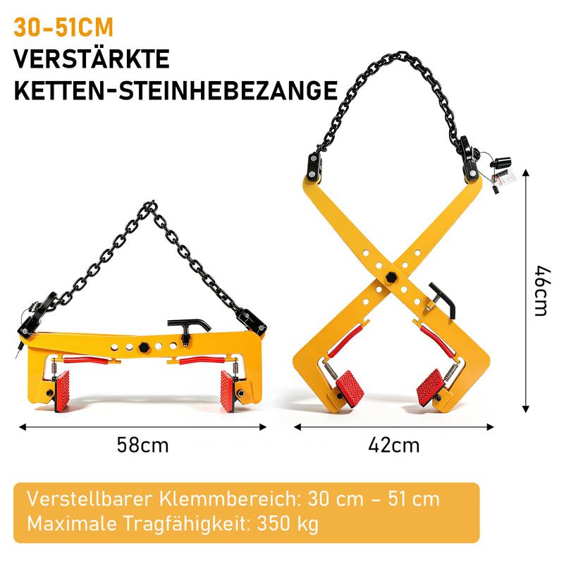 XIIW Versetzzange Bordsteinzange 350 kg, 30–51 cm, mit Kette für Bagger und Kran