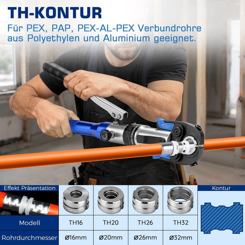 XIIW Hydraulische Rohrpresszange 80 kN, V- & TH-Kontur 12–32 mm, Presszangen-Set mit Rohrschneidern und Entgrater