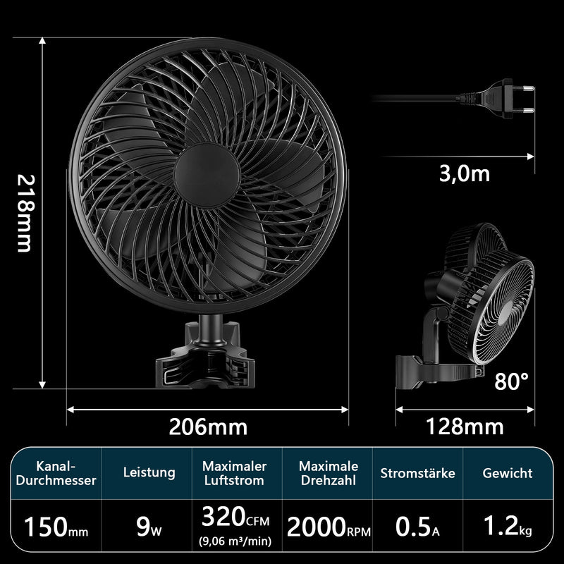 2-Pack grow air circulation fan 320 CFM – quiet clip fan with EC motor, 10 speeds, oscillation, IP44