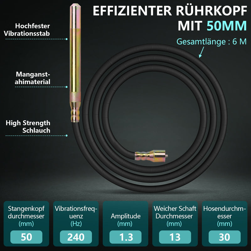3200W betonsvibrator med 50 mm vibratørhoved og 6 m fleksibel aksel – professionel betonvibrator