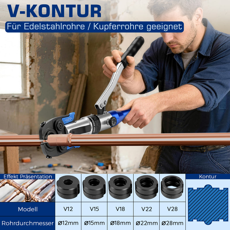 XIIW Hydraulische Presszange 80 kN, V- & TH-Kontur 12–32 mm, 14-teiliges Rohrpresszangen-Set mit Rohrschneidern und Entgrater
