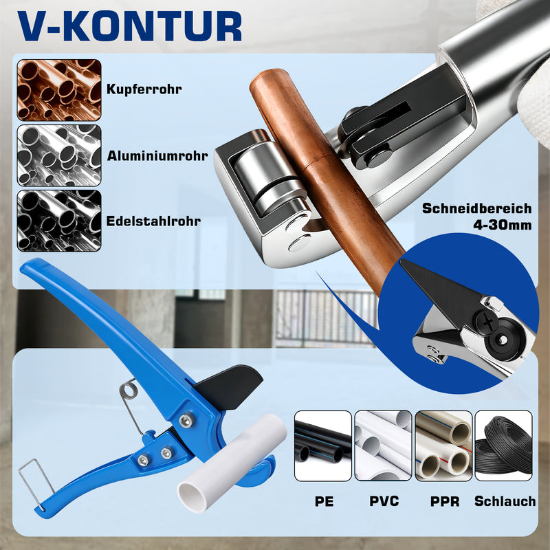 XIIW Hydraulische Rohrpresszange 80 kN, V- & TH-Kontur 12–32 mm, Presszangen-Set mit Rohrschneidern und Entgrater