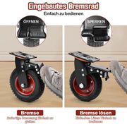4er - Set 200mm Geländegängige Schwerlastrollen – 2× mit Bremse, 2× drehbar, für Werkstatt, Garten & Transportgeräte