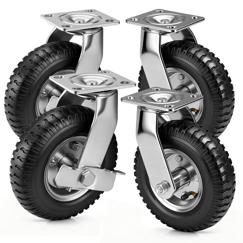 Juego de 4 ruedas neumáticas de 200mm – 2 con freno + 2 giratorias, para carga pesada y todo terreno con neumáticos de aire