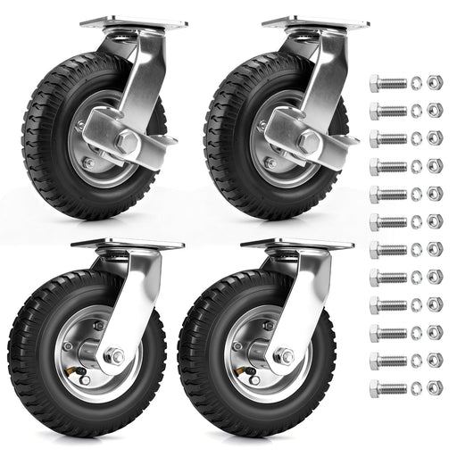 Juego de 4 ruedas neumáticas 250mm – 2 ruedas con freno + 2 ruedas giratorias, de alta resistencia y todoterreno