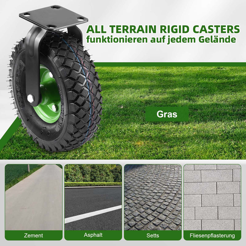 4er - Set de ruedas para cargas pesadas 250 mm – 2 ruedas giratorias con freno + 2 fijas, neumáticas, 200 kg de carga por rueda