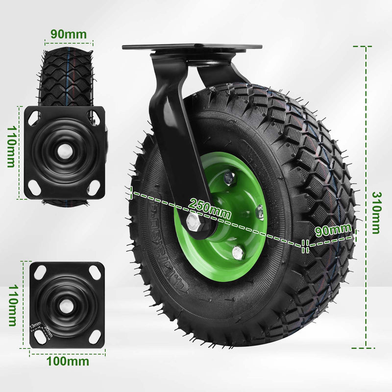 Juego de 4 ruedas para carga pesada de 250 mm – 2 ruedas giratorias con freno + 2 ruedas fijas, neumáticos, 200 kg de capacidad por rueda