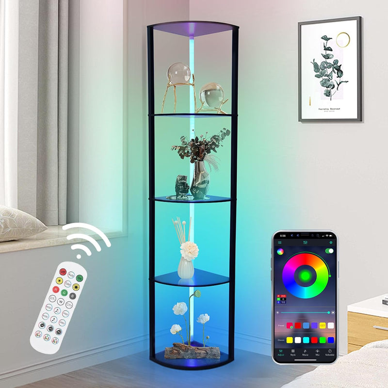 5-tier RGB corner shelf, freestanding LED floor lamp for living room, 160 cm, app & remote control, 2700 - 6500K
