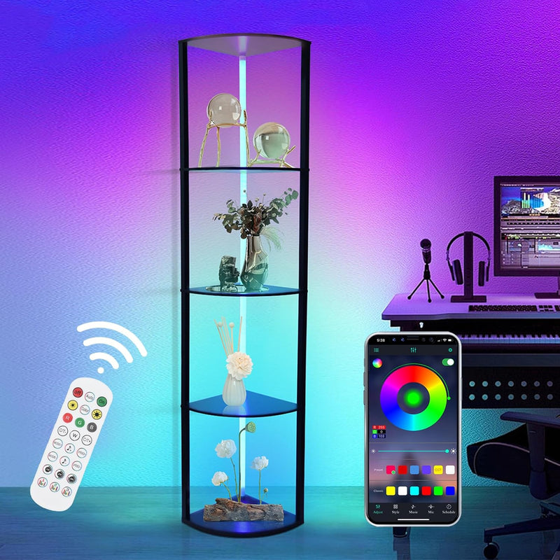 5-tier RGB corner shelf, freestanding LED floor lamp for living room, 160 cm, app & remote control, 2700–6500K