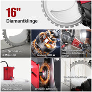 5000W elektrisk betonsav med 408 mm diamantklinge & vådskæresystem til væg, beton & sten