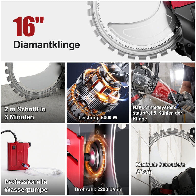 5000W elektrisk betonsav med 408 mm diamantklinge & vådskæresystem til væg, beton & sten