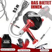 500W drain cleaner with manual and drill drive, 9.5m spiral, for household drain cleaning