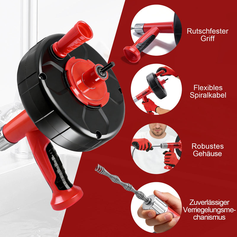500W drain cleaner with manual and drill drive, 9.5m spiral, for household drain cleaning