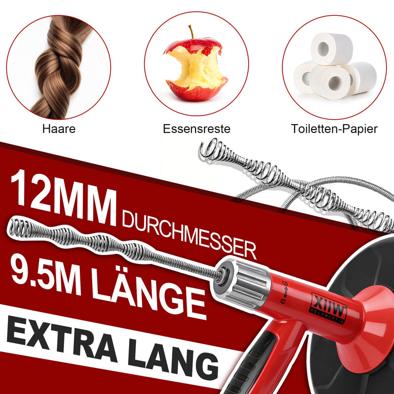 500W pipe cleaning machine with manual and drill drive, 9.5m spiral, for household drain cleaning