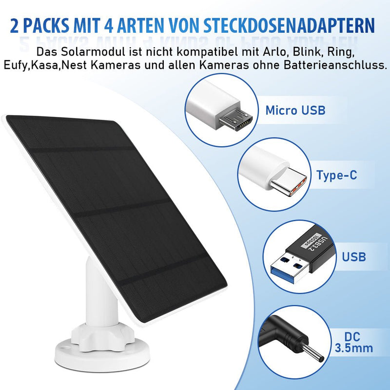 5W solarpanel til batteri-overvågningskameraer – udendørs solpanel IP65 med USB/USB-C/DC 3,5 mm til 5V WiFi-kamera