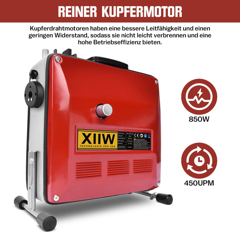 850W Rohrreinigungsmaschine Elektrischer Abflussreiniger für Ø20–200mm Rohre, 14m Ø22mm + 14.5m Ø16mm + 5m Ø10mm Spirale, Bohrköpfe, 450U/min