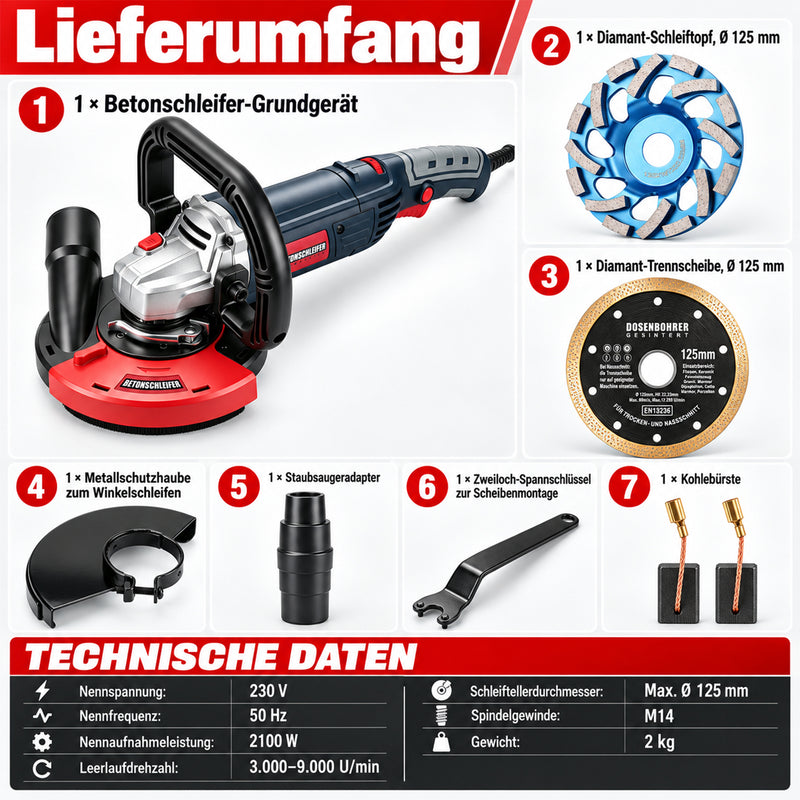XIIW Betonschleifer 2100W Ø125 mm, Sanierungsfräse 3000–9000 U/min, Staubabsaugung, Kantenhaube & Drehzahlregelung