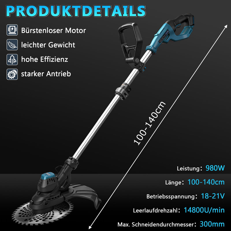 Recortabordes inalámbrico 980W sin escobillas 14800 U/min desbrozadora cepillo para malas hierbas con hoja de sierra compatible con 18V para jardín multiherramienta