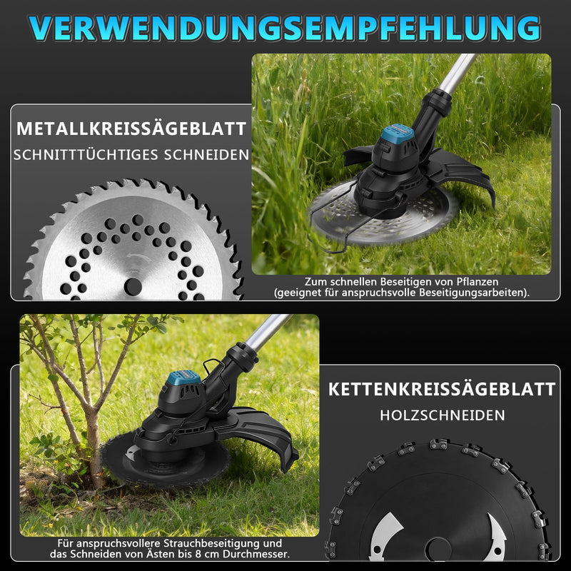 Desbrozadora inalámbrica de 980W sin escobillas, 14800 rpm, cepillo para malas hierbas con disco de sierra, compatible con 18V  para jardín, multiherramienta