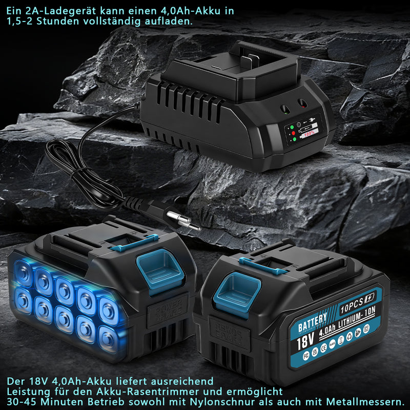 XIIW Akku Freischneider 1380 W, 18800 U/min, 2 × 4,0 Ah Akkus, 3 Unkrautbürsten, Metallmesser und Kreissägeblatt