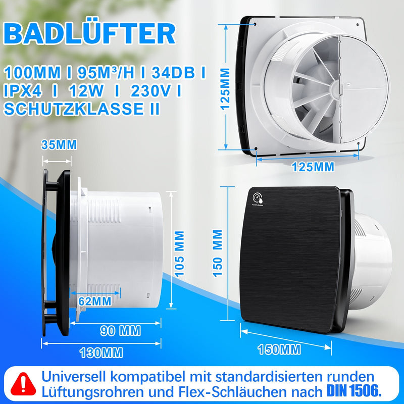 Udsugningsventilator 150 mm med fugtsensor og efterløbsfunktion, 95 m³/h støjsvag badeværelsesventilator IPX4 mod fugt og skimmel