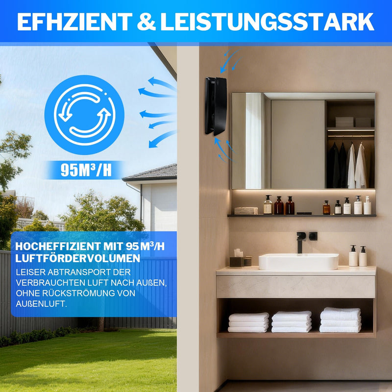 Udsugningsventilator 150 mm med fugtsensor & efterløbsfunktion, 95 m³/h støjsvag badeværelsesventilator IPX4 mod fugt & skimmelsvamp