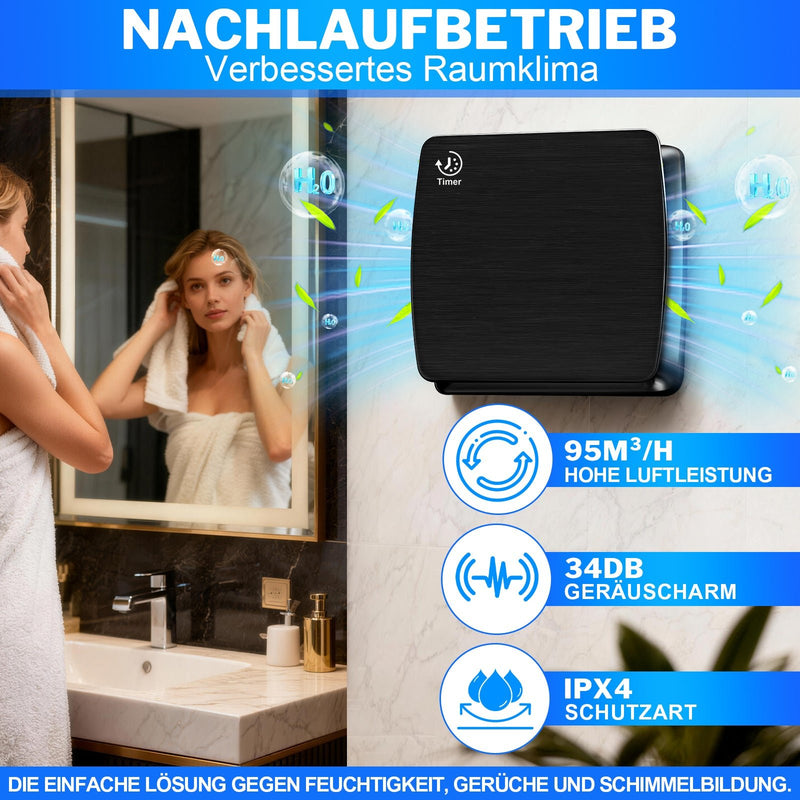 Exhaust fan 150 mm with hygrostat, 95 m³/h quiet bathroom fan IPX4 with timer & backdraft damper for mold prevention