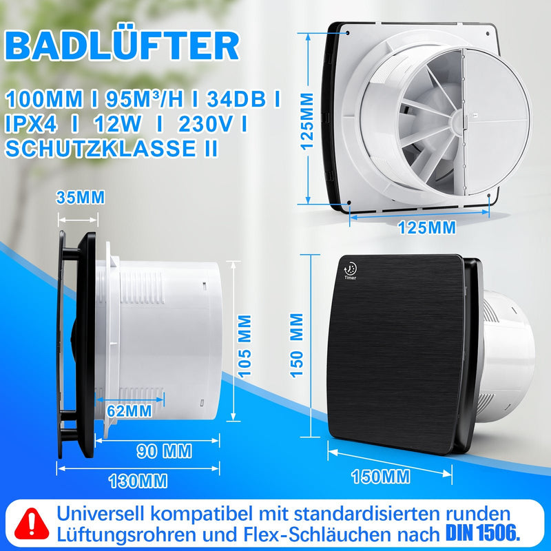 Exhaust fan 150 mm with humidistat, 95 m³/h quiet bathroom fan, IPX4, with timer & backdraft damper for mold prevention