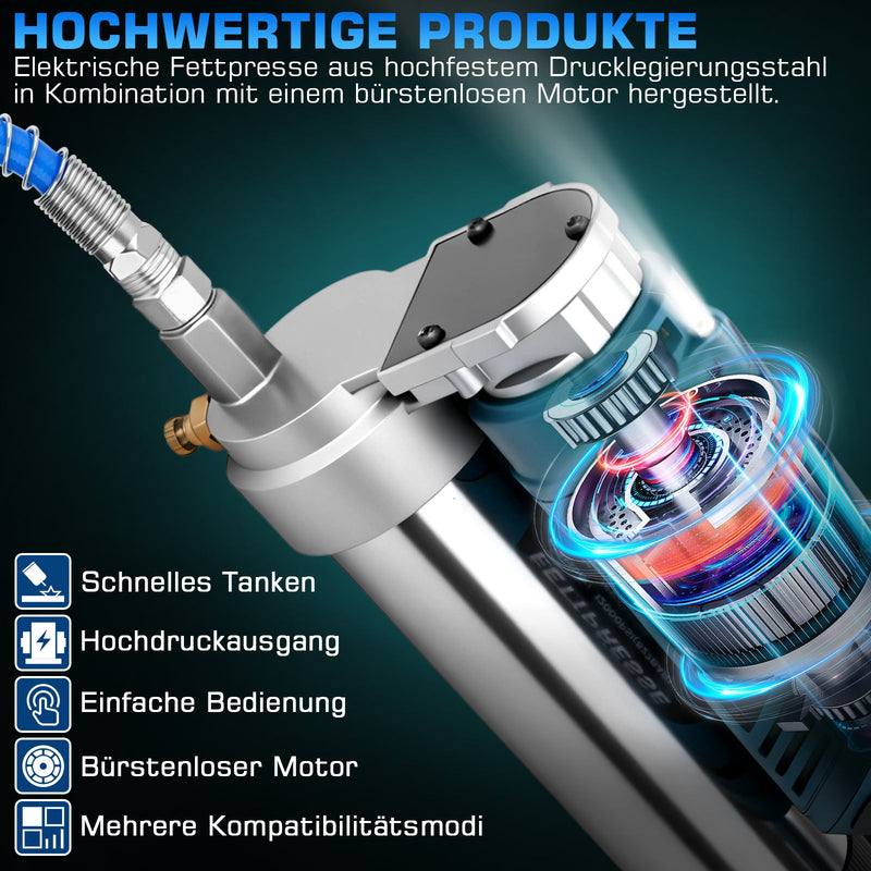 Akku Fettpresse 12000 PSI Hochdruck, 2 - in - 1 Griff, LED, 600g Kapazität, kabellos