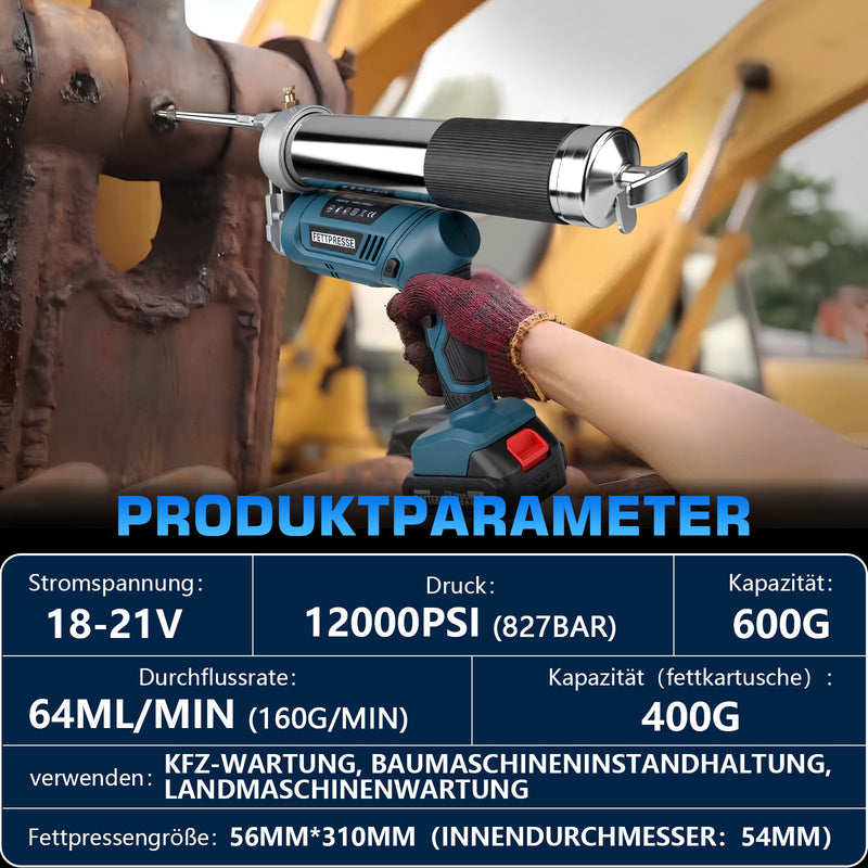 Akku Fettpresse 12000 PSI Hochdruck, 2 - in - 1 Griff, LED, 600g Kapazität, kabellos