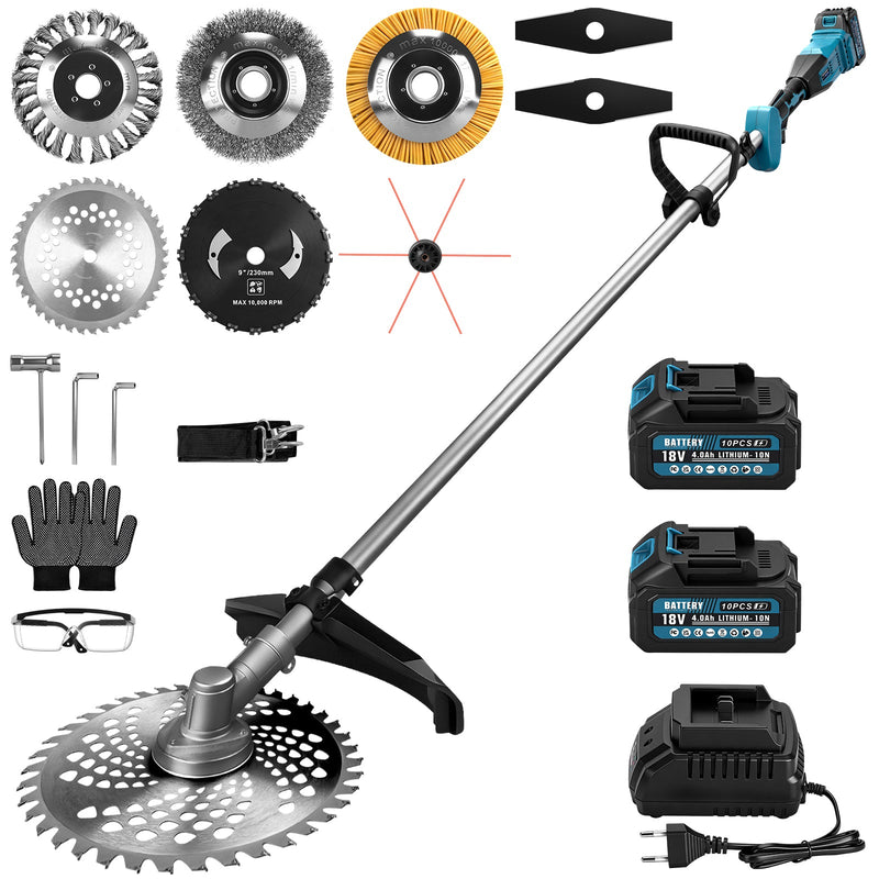 Cordless brush cutter with brushless motor 1380W – multifunction grass trimmer with saw blade, metal blade and brushes, cordless strimmer