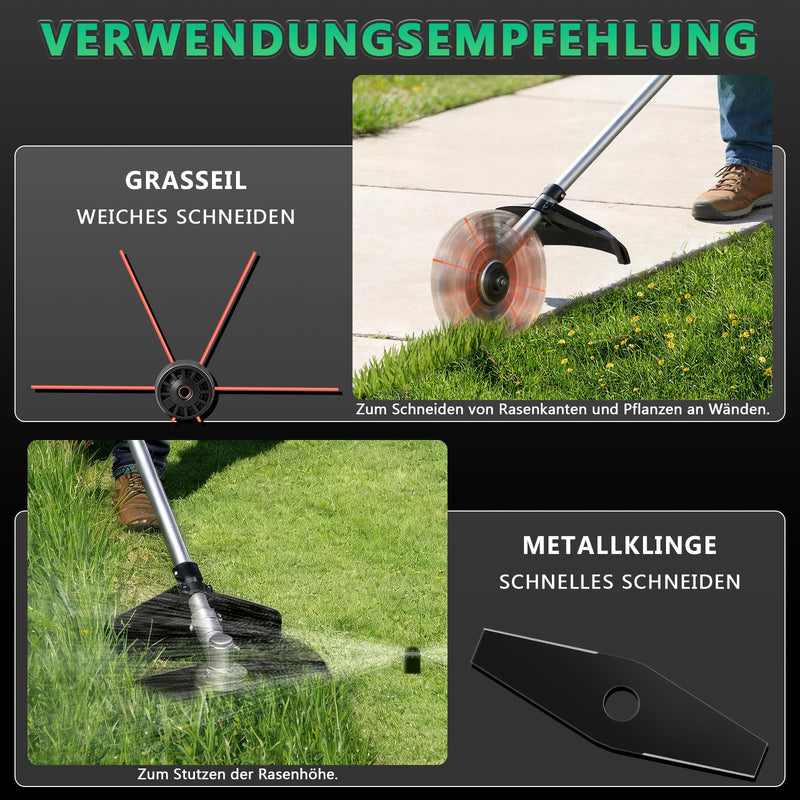 Cordless brush cutter with brushless motor 1380W – multifunction lawn trimmer with saw blade, metal blade and brushes, cordless brush cutter