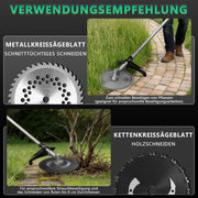 Akku brush cutter with brushless motor 1380W – multifunction lawn trimmer with saw blade, metal blade and brushes, cordless grass trimmer
