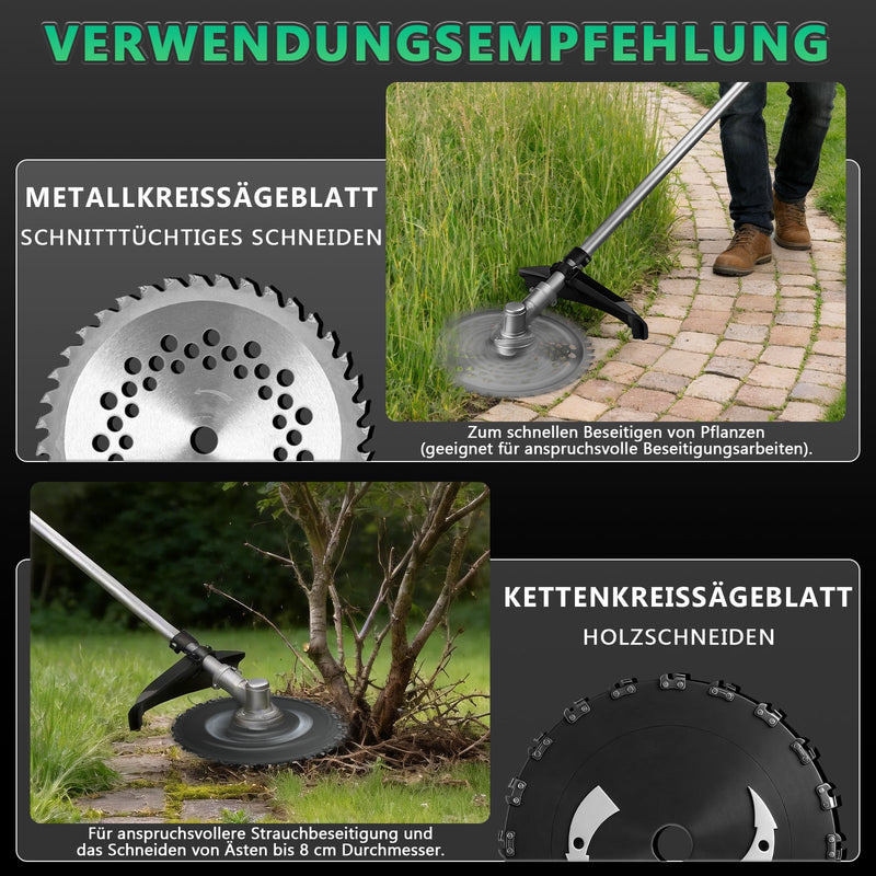 Akku brush cutter with brushless motor 1380W – multifunction lawn trimmer with saw blade, metal blade and brushes, cordless grass trimmer