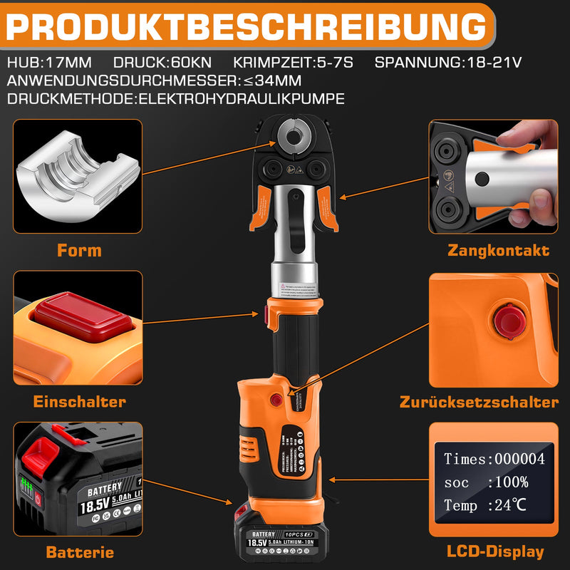 Battery-powered electrohydraulic crimping pliers – automatic pressure control, TH & V pressing jaws